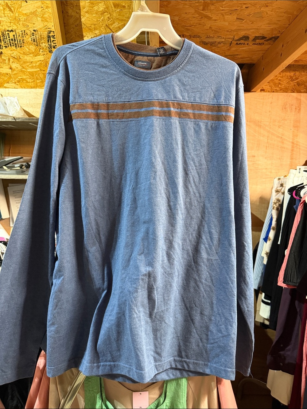 Arrow Blue Long-Sleeve Crewneck with Brown Chest Stripe
